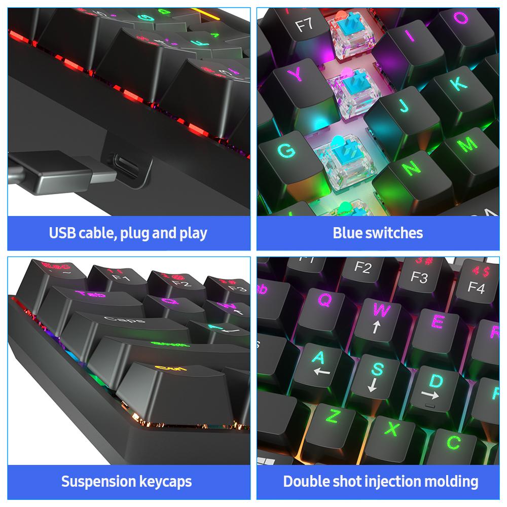 Bàn phím cơ học có dây nhỏ gọn BAJEAL với 61 phím Double Shot Keycaps 6 / N-key Rollover LED Hiệu ứng đèn nền màu xanh lam