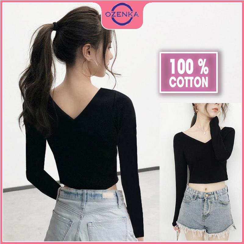 Áo croptop tay dài cổ V ôm body , ao crt mặc đi học đi chơi đẹp thun gân 100% cotton màu đen trắng free size