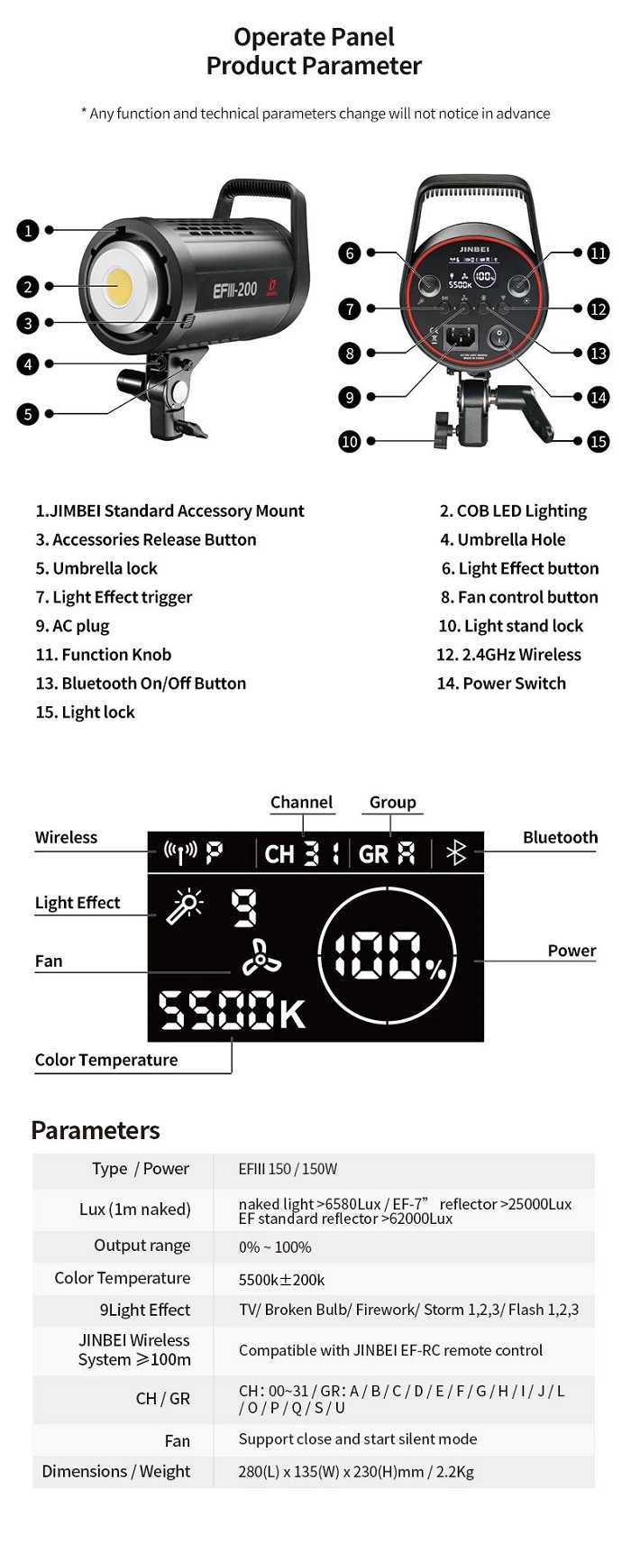 Đèn led studio Jinbei EFIII-200 Hàng Chính Hãng