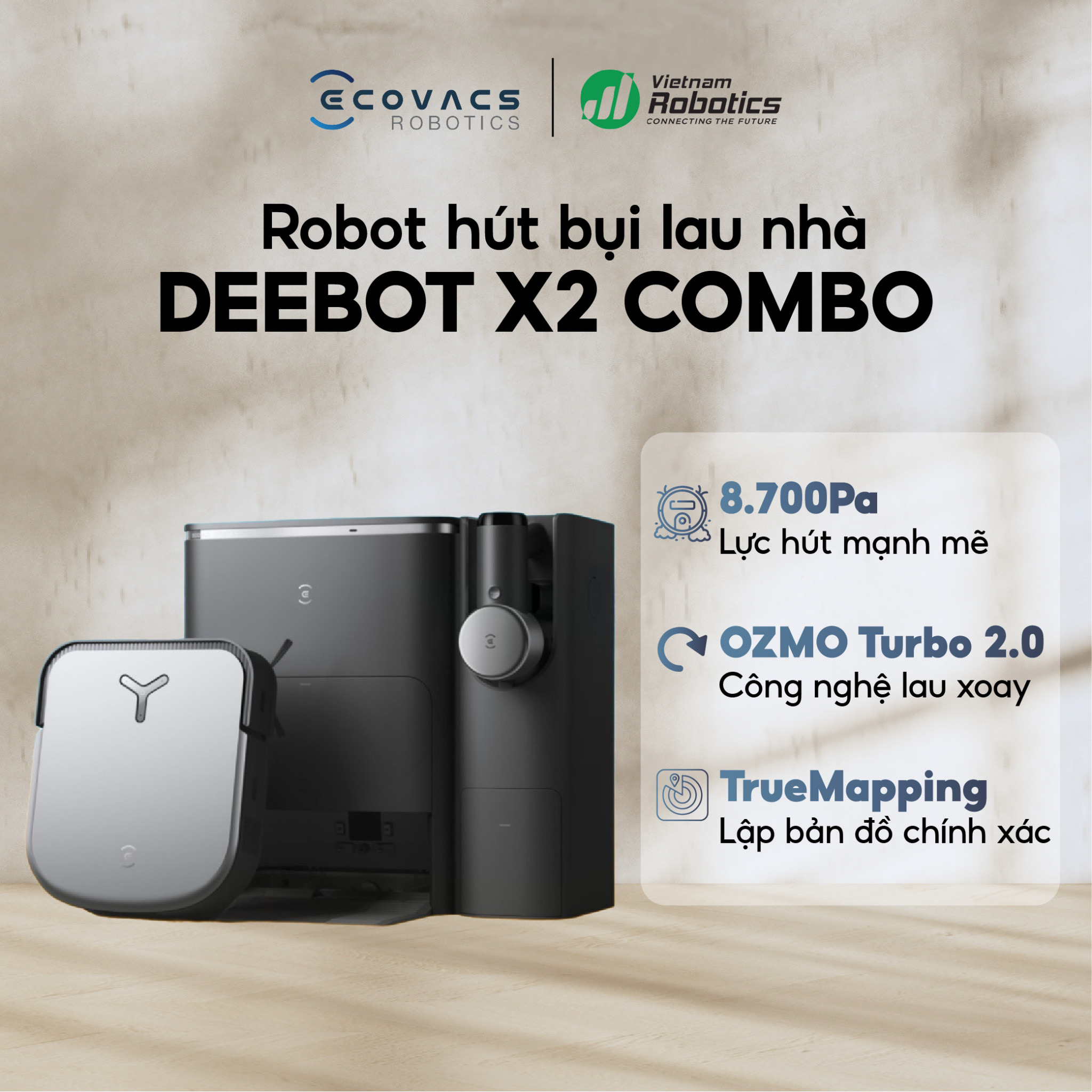 Robot hút bụi lau nhà Ecovacs X2 COMBO Phiên bản nâng cấp mới và toàn diện nhất - Hàng chính hãng - Nhập khẩu -Bản Quốc Tế-Bảo hành 24 tháng