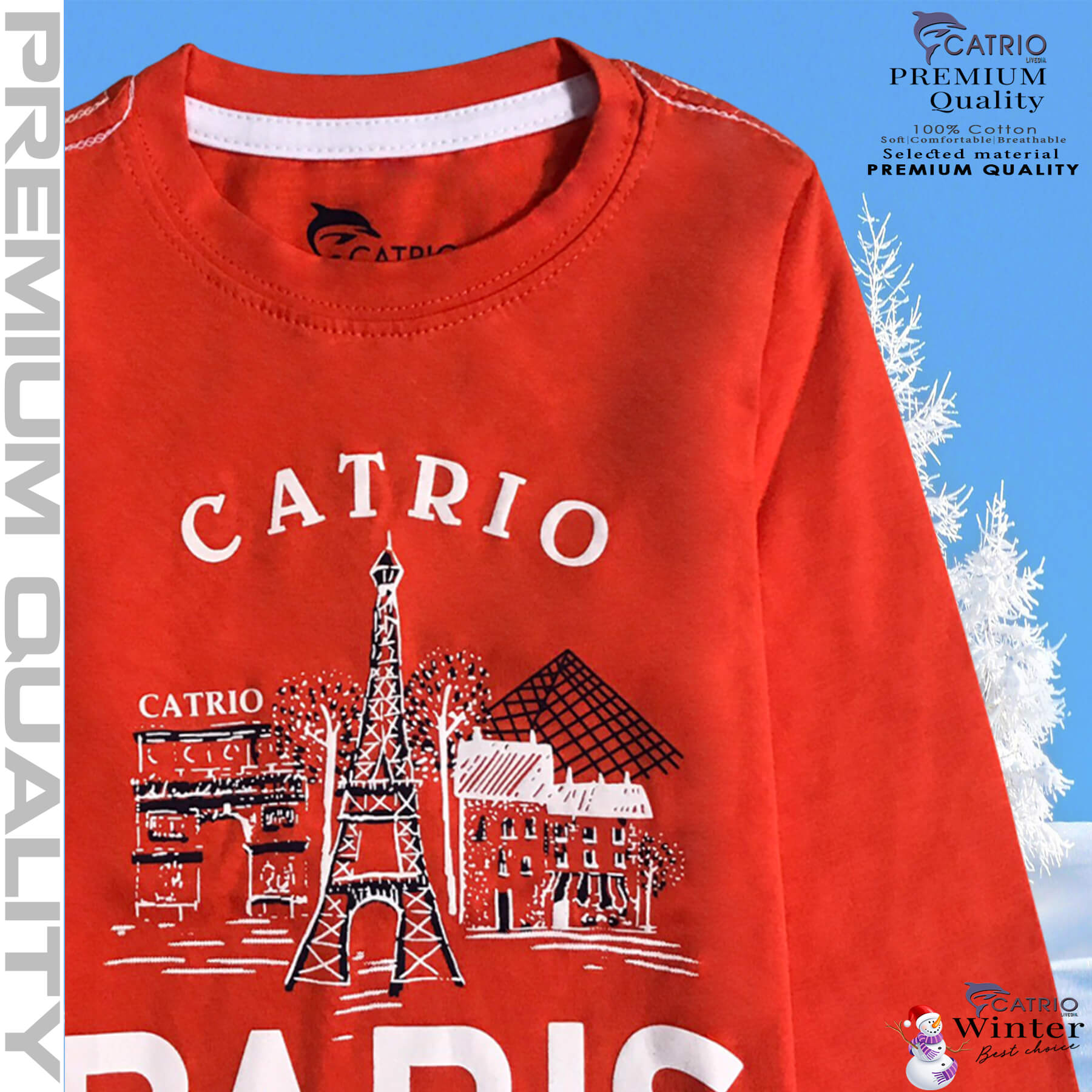 ÁO THUN DÀI TAY BÉ TRAI CATRIO in PARIS màu CAM là áo phông tay dài trẻ em từ 8kg 10kg 12 kg .. 30kg cổ tròn vải dệt kim co giãn 4 chiều + quần dài cotton thành bộ đồ thu đông cho bé rất đẹp