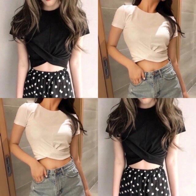 Áo croptop xoắn eo tay ngắn