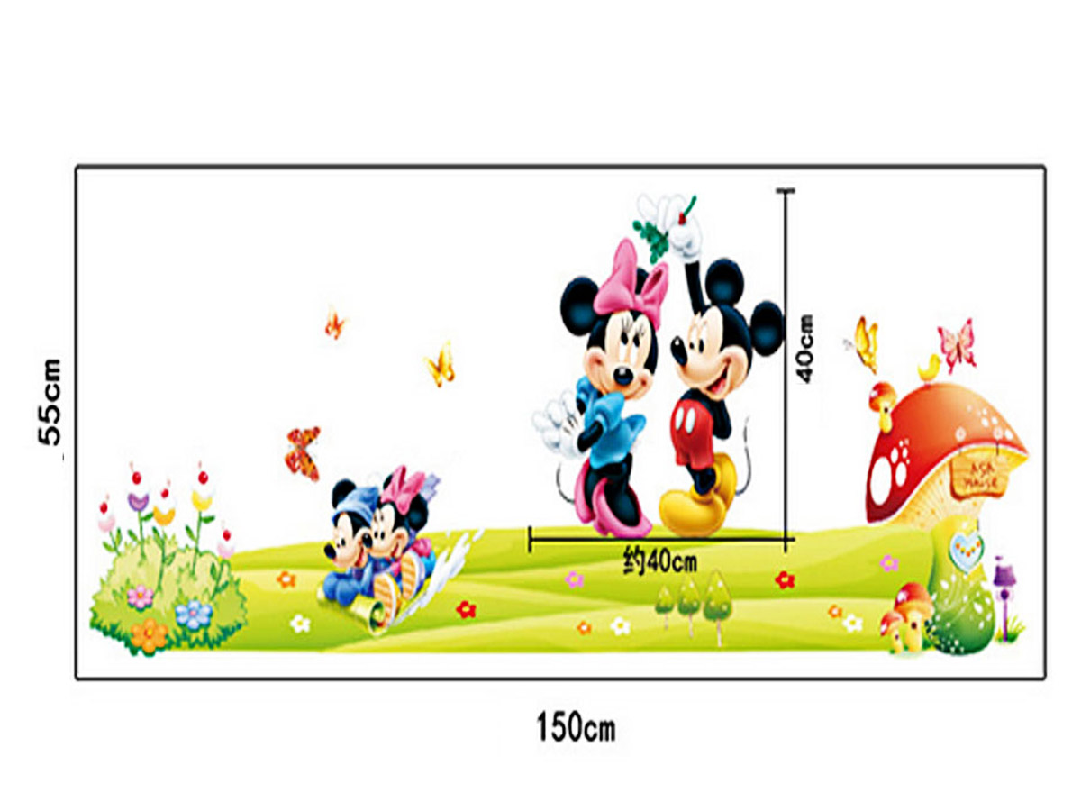 decal dán tường chuột mickey và mimi vui chơi nhà nấm