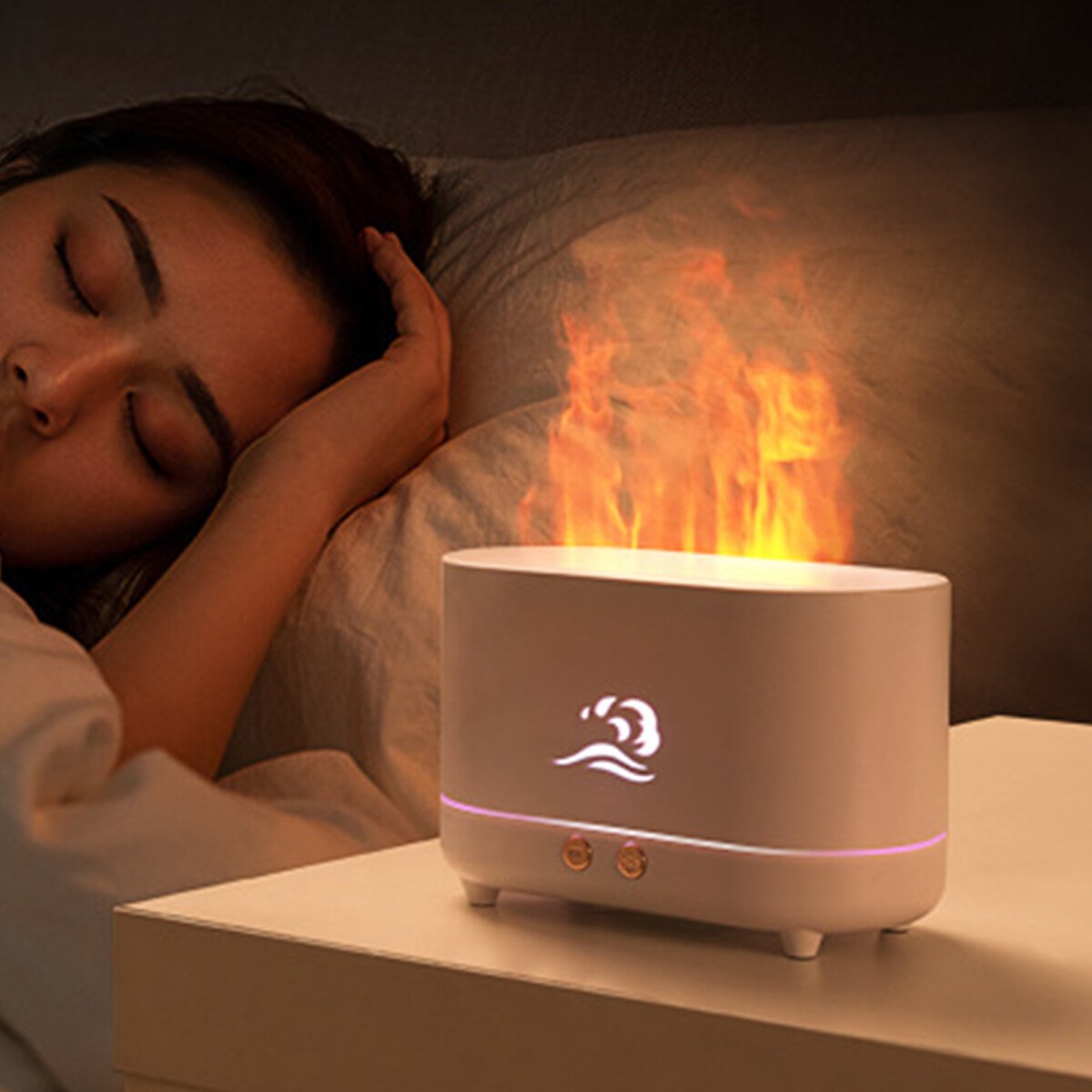 Máy phun sương tạo ẩm, hiệu ứng đèn led mô hình ngọn lửa độc đáo Air Humidifier USB 3D Flame Auto Shut Off Essential Oil Diffuser White