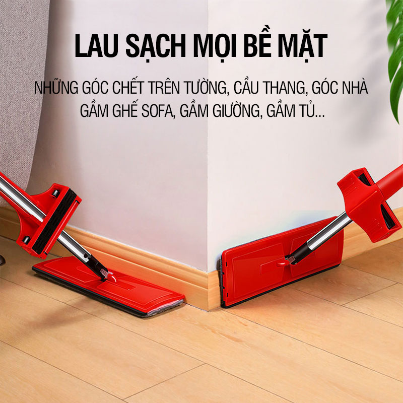 Cây lau nhà tự vắt Kitimop-Red bàn lau lớn 38cm, con lăn trợ lực, thanh thép không gỉ, khớp xoay 360 độ, 2 bông lau