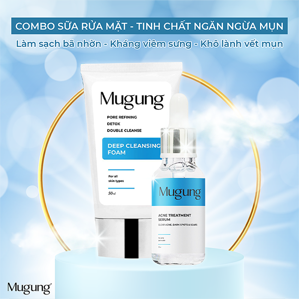 Combo ngăn ngừa mụn Mugung gồm Sữa rửa mặt và Serum Acne Treatment không bong da bí quyết sạch bay mụn thâm,mụn bọc,mụn trứng cá, dành cho mọi loại da 15ml và 15gram