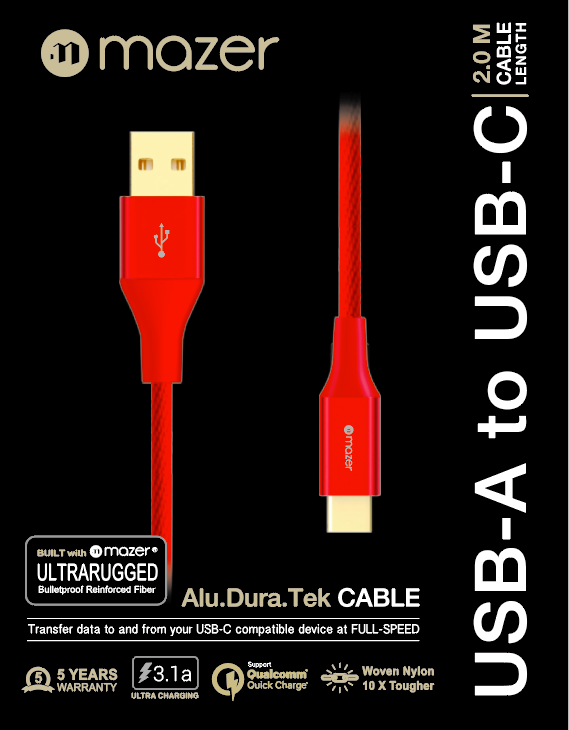 Dây Cáp Mazer ALU.DURA.TEK USB-A to USB-C Cable 3.1A (2m) - Hàng Chính Hãng