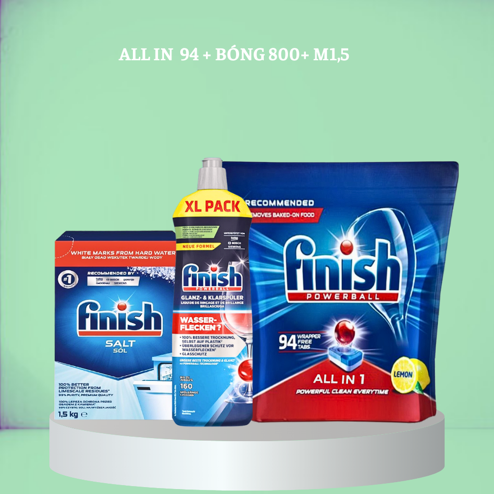 Combo Viên Rửa Bát Finish All In One 100 Viêndung Dịch Nước Làm Bóng Finish 800Ml Muối Rửa Bát Finish 1.5Kg Cho Máy Rửa Bát - Combo 90V Finish All In 1 Bóng 750Ml Muối