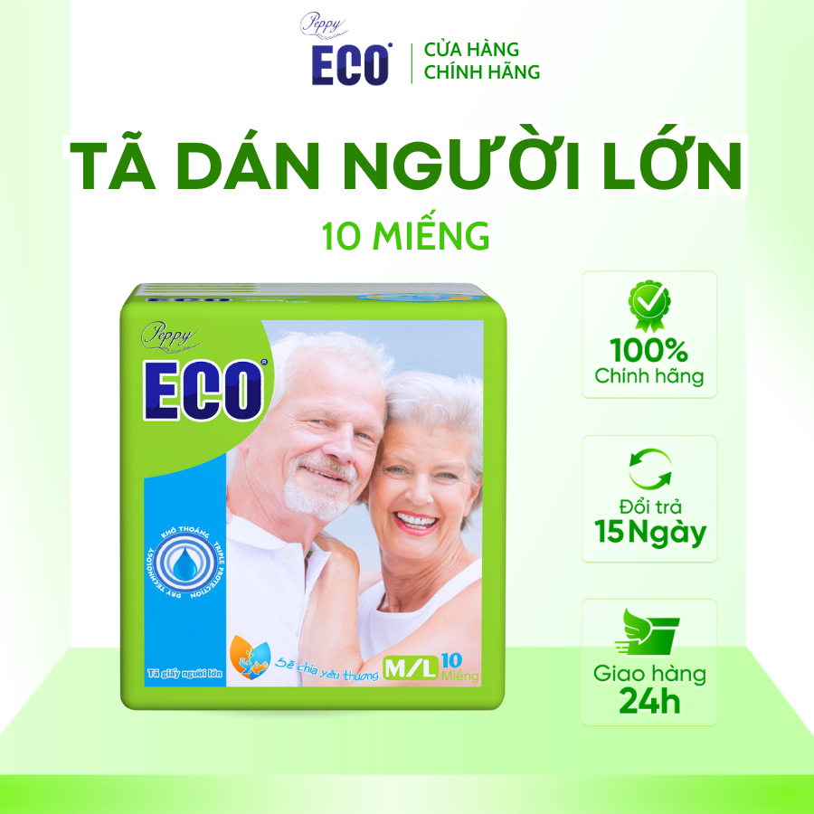 Tã Dán Người Lớn Peppy Eco Siêu Mềm Mại, Siêu Khô Thoáng, Kháng khuẩn Size M/L (10 Miếng