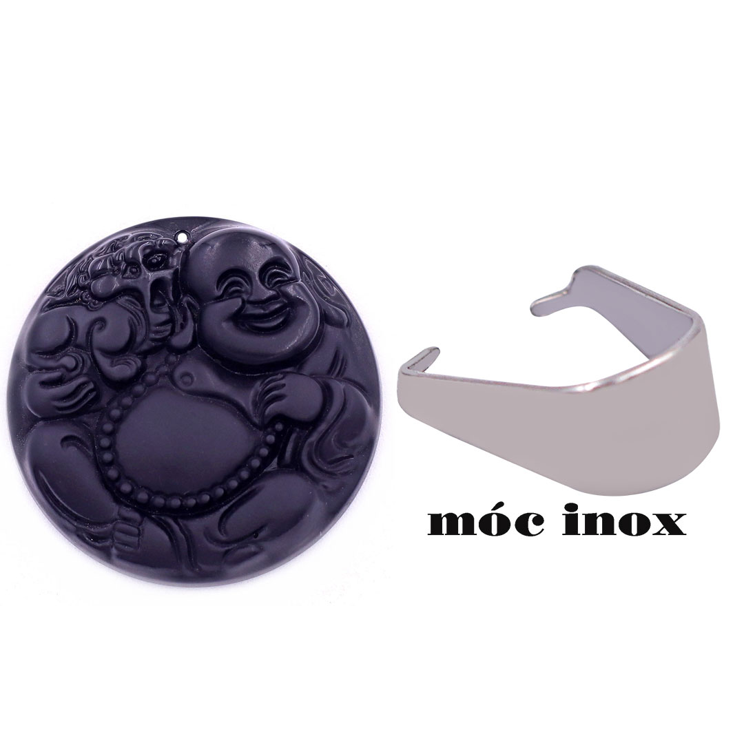 Mặt Phật Di lặc tròn đá đen 4.5 cm  kèm móc inox, mặt dây chuyền Phật cười