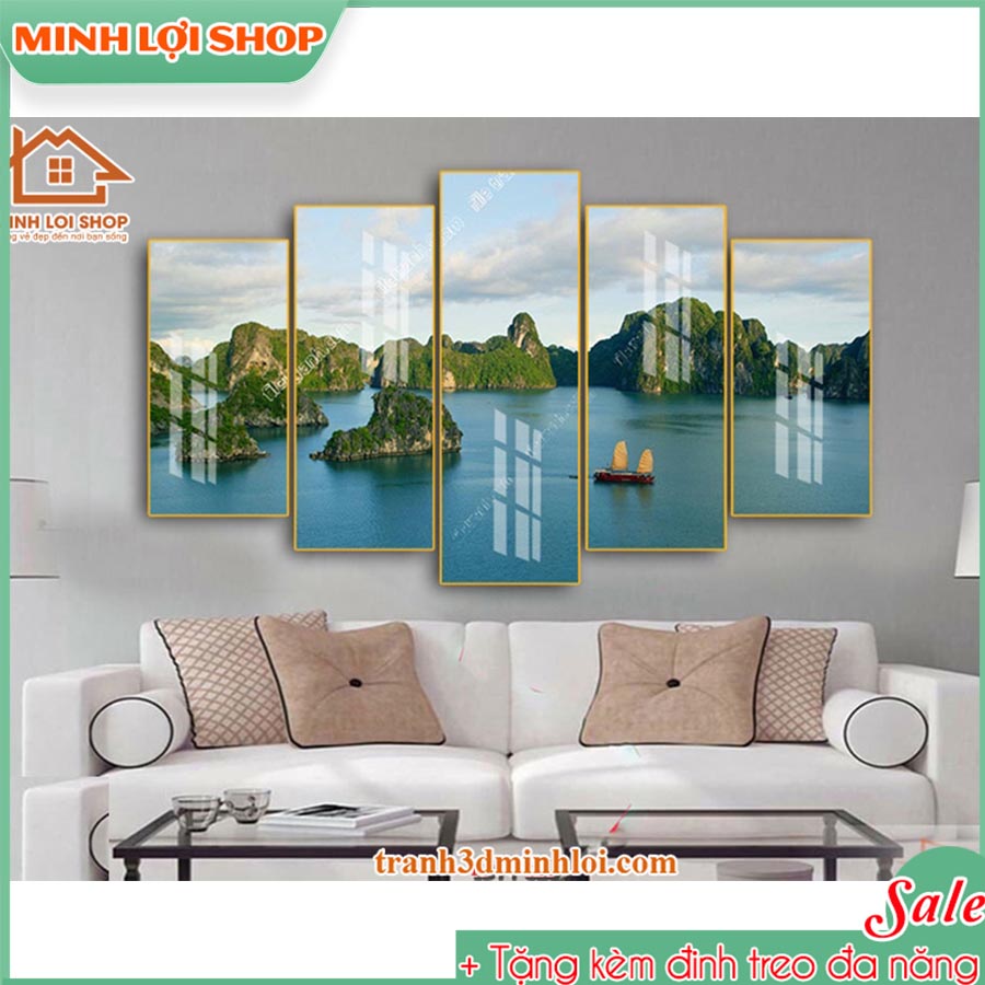 Tranh tráng gương pha lê PHONG CẢNH 5 tấm trang trí phòng khách hiện đại TẶNG KÈM ĐINH TREO 5T024
