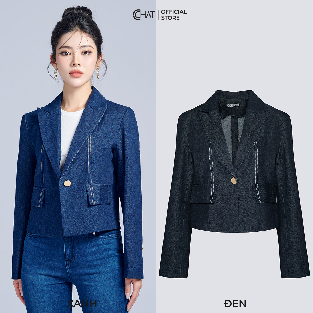 Áo Blazer Nữ CCHAT Diễu Chỉ Hai Nắp Túi Jeans Cao Cấp 22EHJ2012ST