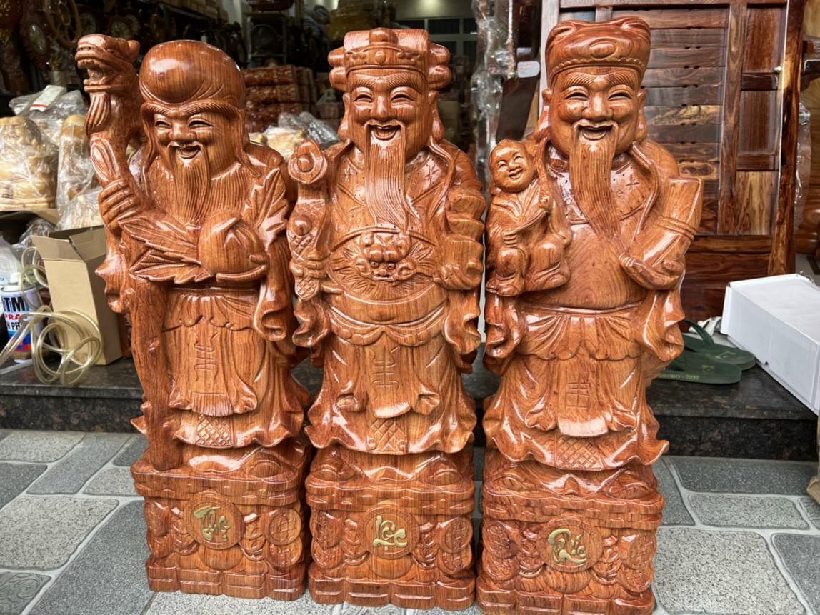 Tượng tam đa Phúc Lộc Thọ gỗ hương nguyên khối cao 50cm