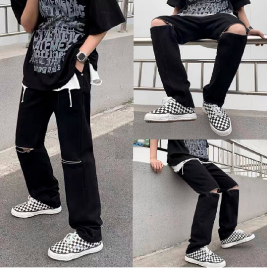 Quần jean nam rách gối khóa séc zip đen ống suông rộng RG01