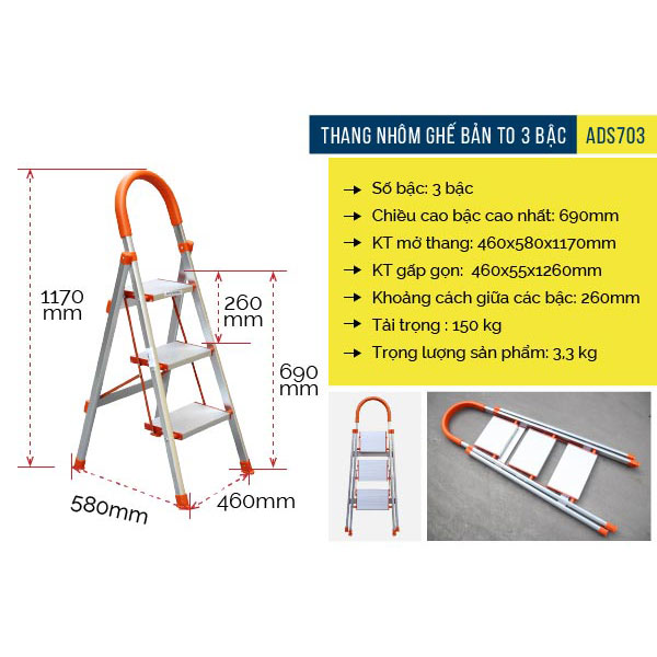 Thang Nhôm Ghế 3 Bậc Advindeq Ads-703