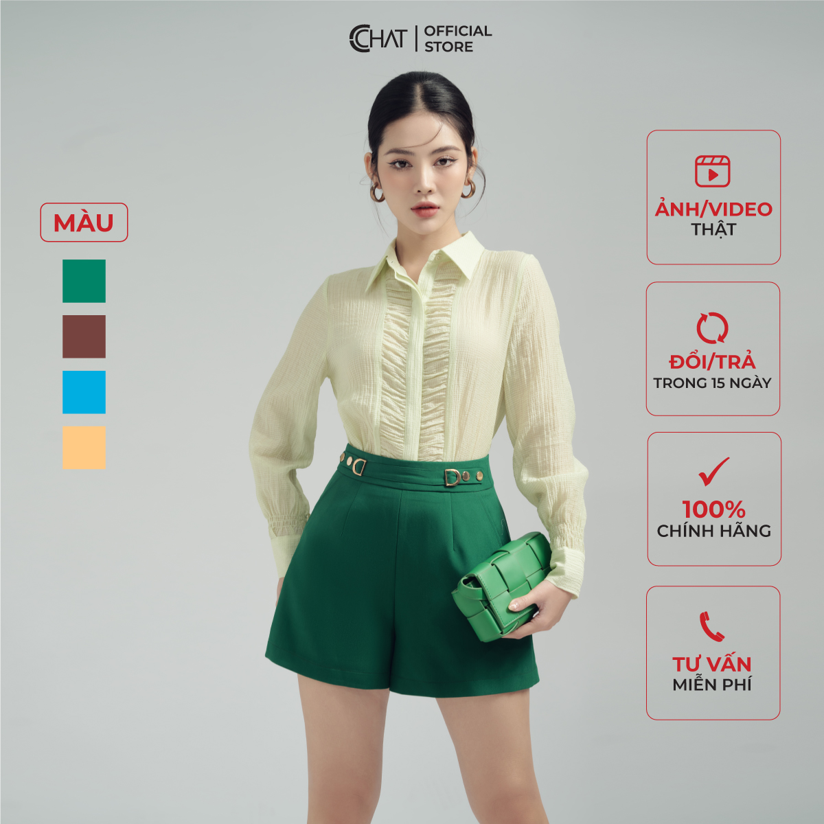 Quần Đùi Nữ  Kiểu Cạp 4 Khuy Dập Dáng A Chất Tuytsi Mềm Mịn 13ONS2014AT