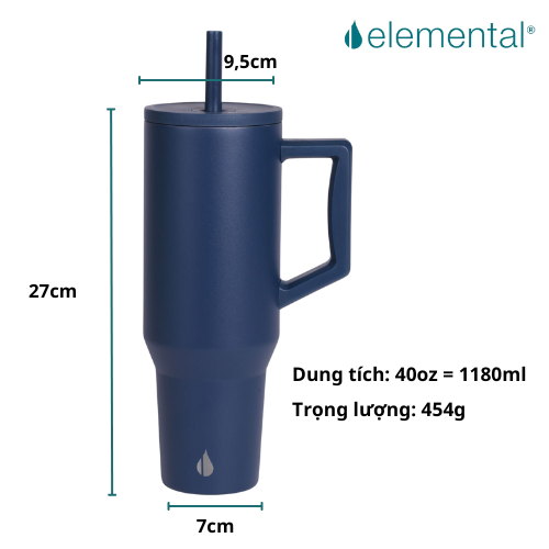 Ly giữ nhiệt Commuter Elemental 1180ml màu xanh navy thép không gỉ có tay cầm combo ống hút trân châu
