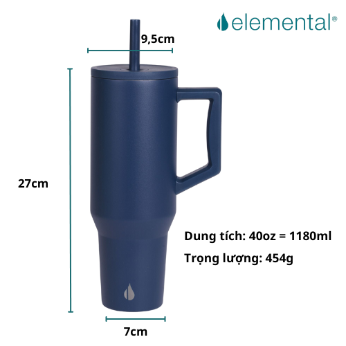 [Hàng chính hãng_Thương hiệu Mỹ] Ly giữ nhiệt Commuter Elemental 1180ml màu xanh navy thép không gỉ có tay cầm combo ống hút trân châu 