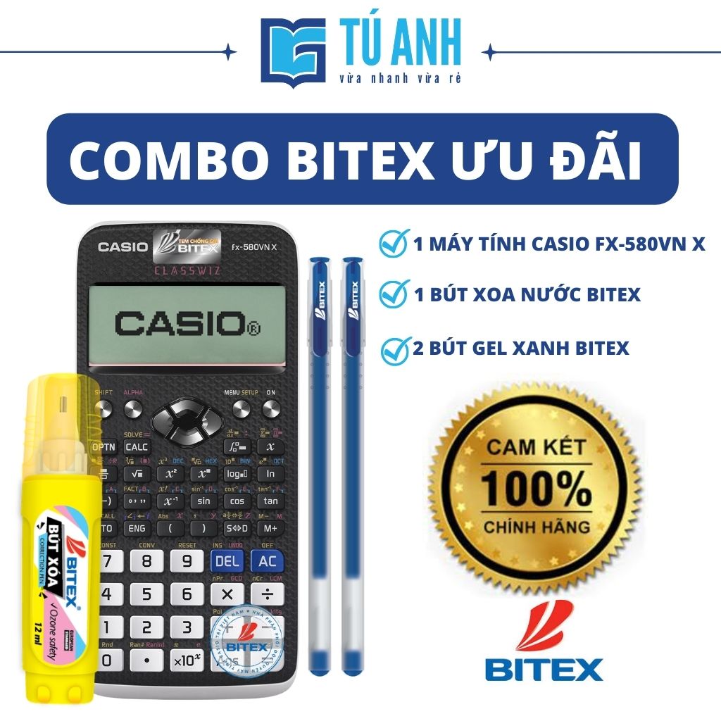 [ Combo Bitex Ưu Đãi ] - Máy Tính Khoa Học Casio FX-580VNX [1] + Bút Gel Xanh [2] + Bút Xóa Nước [1