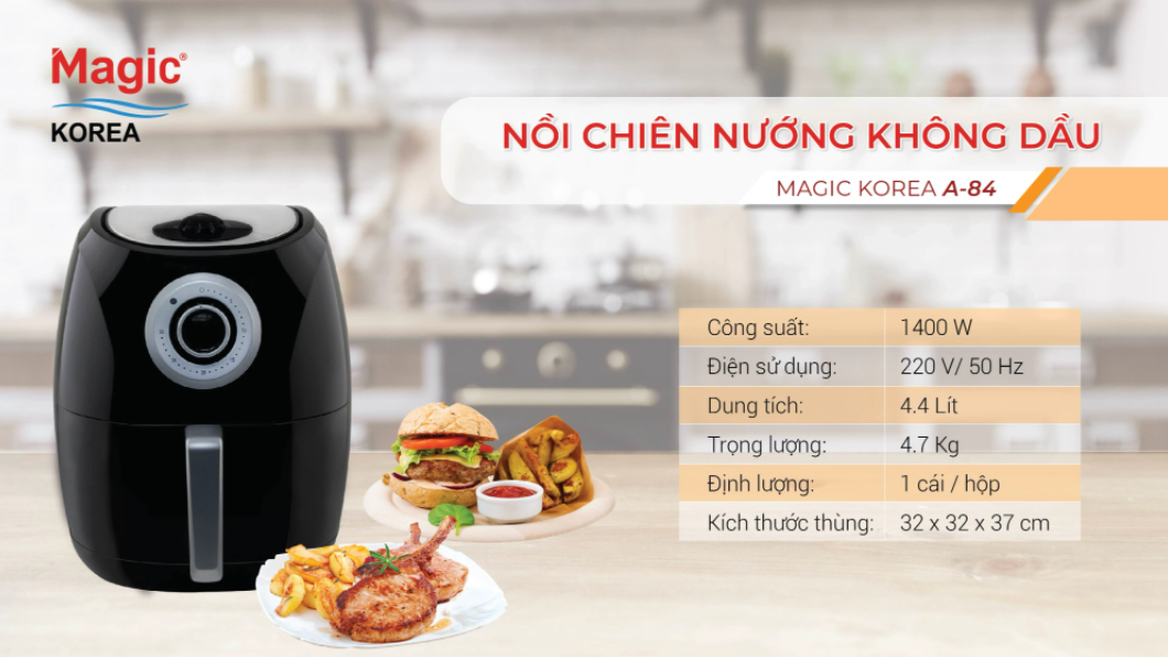 Nồi Chiên Không Dầu MAGIC KOREA A-84 Dung Tích 4.4L Công Suất 1400W Black - Hàng Chính Hãng