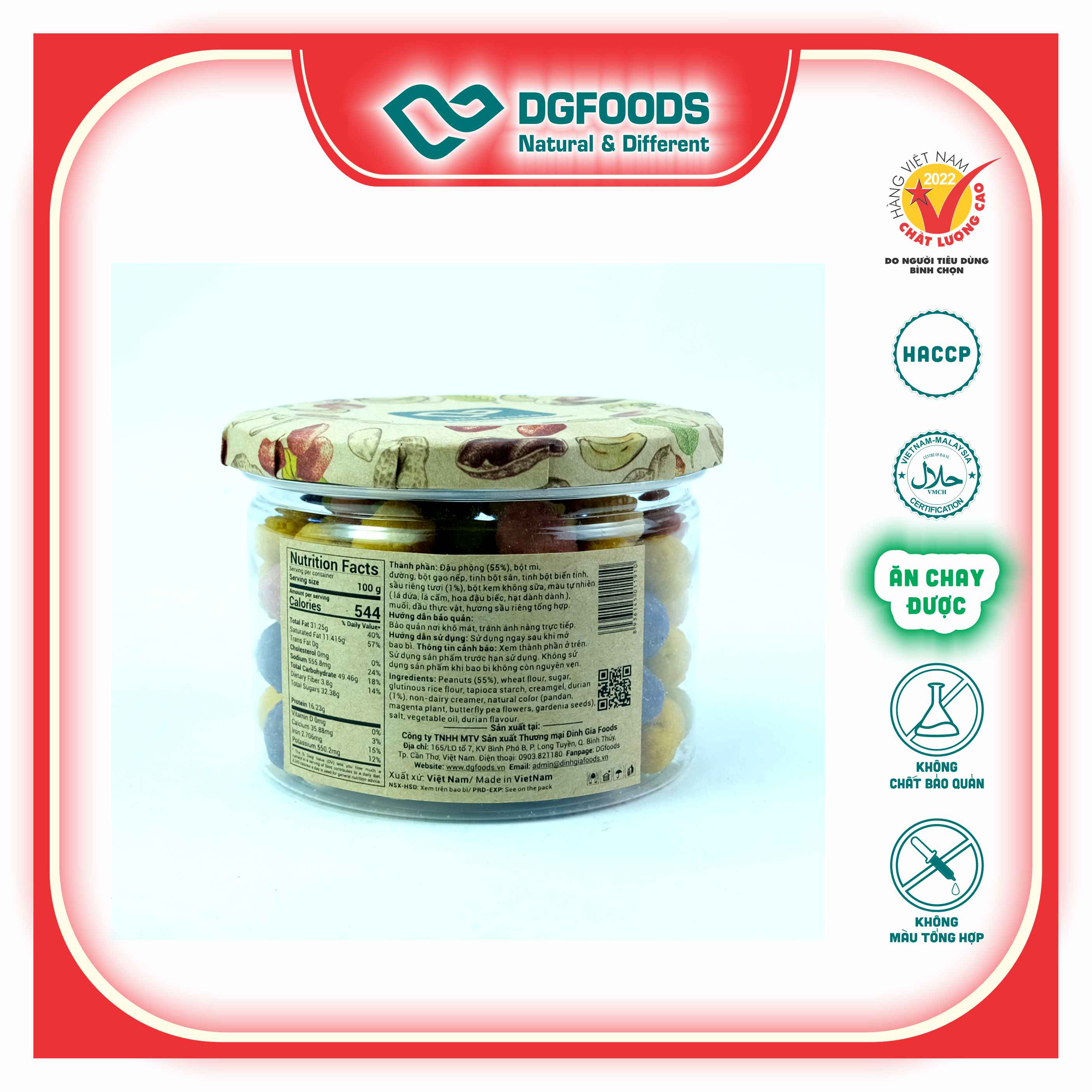 Đậu Phộng Sầu Riêng đa sắc DGfoods 120g/ Natural multicolored durian coated peanuts/ Hũ nắp nhôm, HVNCLC, Haccp, Halal, Ăn chay, Ăn kiêng, Đặc sản Cần Thơ, quà tặng, quà Tết, hạt dinh dưỡng