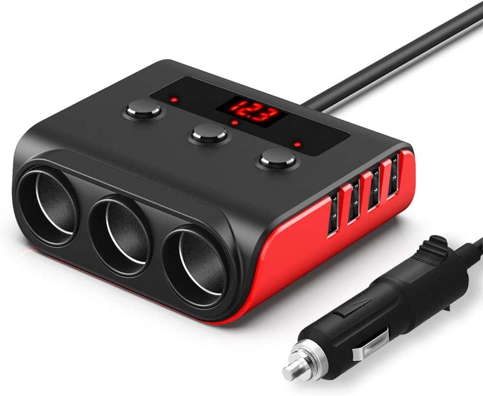 Bộ sạc xe hơi USB Sạc nhanh Bộ sạc nhẹ hơn 12V/24V 3.6A 100W, 4 cổng USB Splitter 3 ổ cắm với màn hình điện áp 3 công tắc độc lập màu đỏ