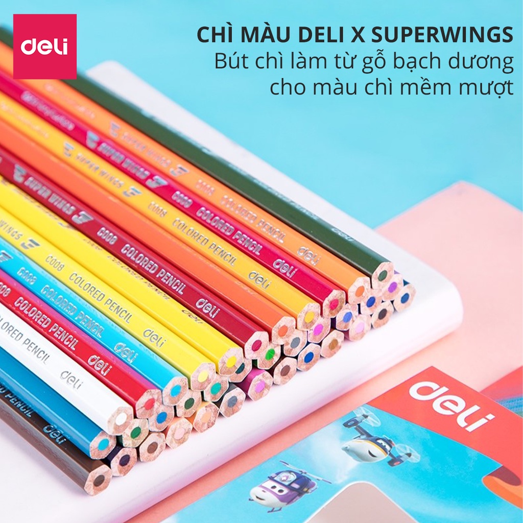 Bút chì màu học sinh Superwings Deli - Phù hợp học sinh vẽ tranh tô màu cho bé - EC00800 / EC00810 / EC00820 / EC00830