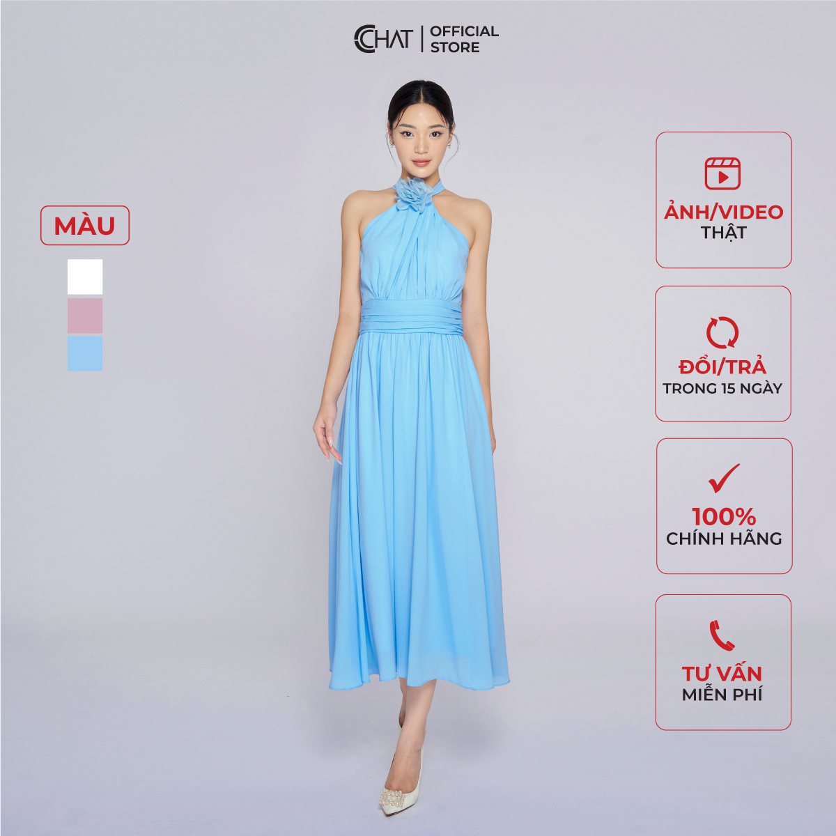 Đầm Nữ Kiểu Cổ Yếm Rúm Xòe Ôm Eo Chất Voan Cao Cấp Mềm Mịn 53VSV2004XT