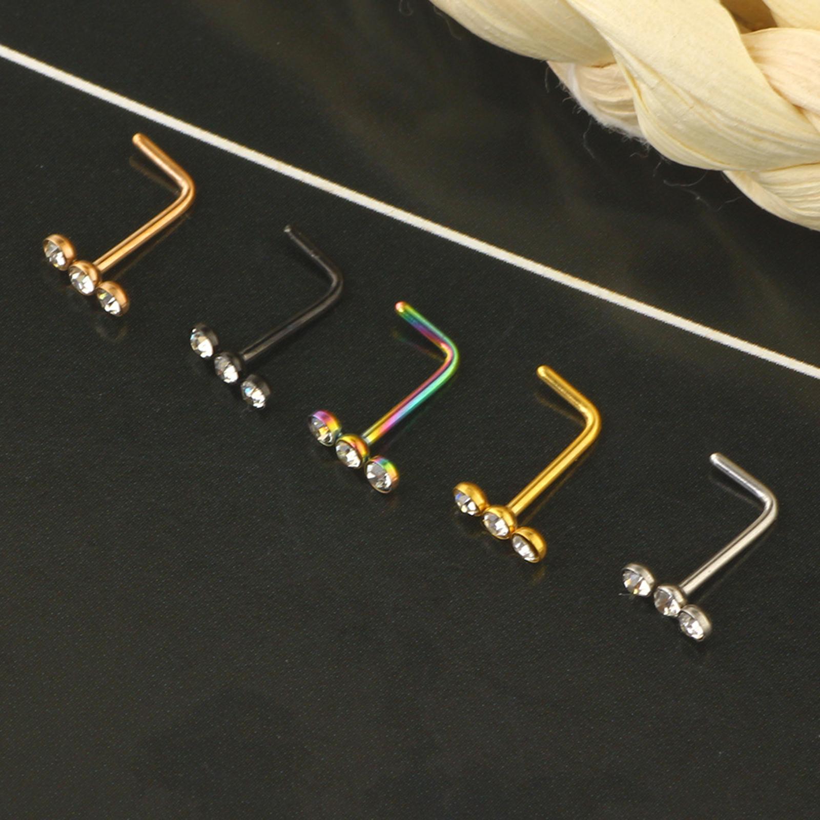 5pcs Nose Stud Stainless Steel Rhinestone Crystals L-Shape Screw Bones Piercing Jewelry for Men Women Girl 7mm