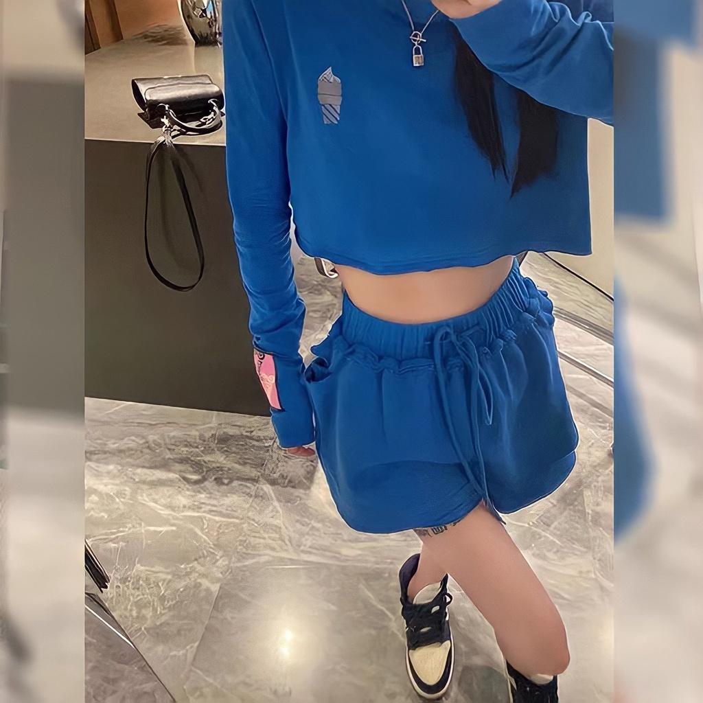 Bộ Áo Croptop Dài Tay In Hình Cây Kem Quần Váy Xanh Rách Có Lót Cạp Chun Siêu Xinh