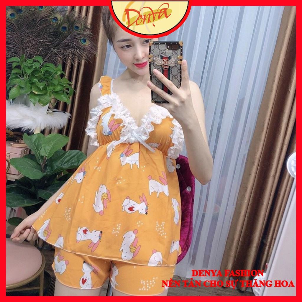 Đồ ngủ sexy nữ  FREE SHIP Đồ ngủ sexy kate lụa, hai dây hở lưng, họa tiết hoạt hình, quần đùi , DN15