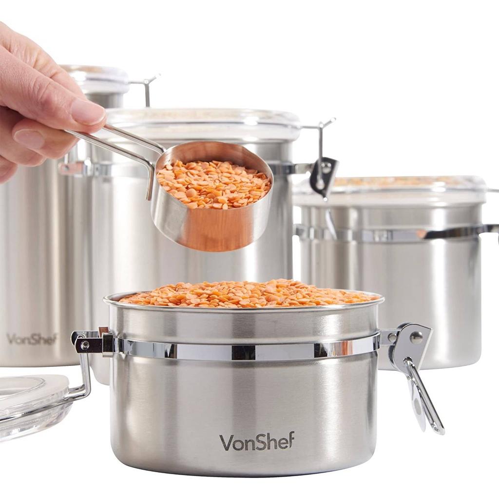 Set 4 Hộp Đựng Đồ Khô Vonshef, Chất Liệu Inox, Khóa Nắp Kín, Hộp Đựng Đồ Khô, Đựng Thực Phẩm, Nhập Đức