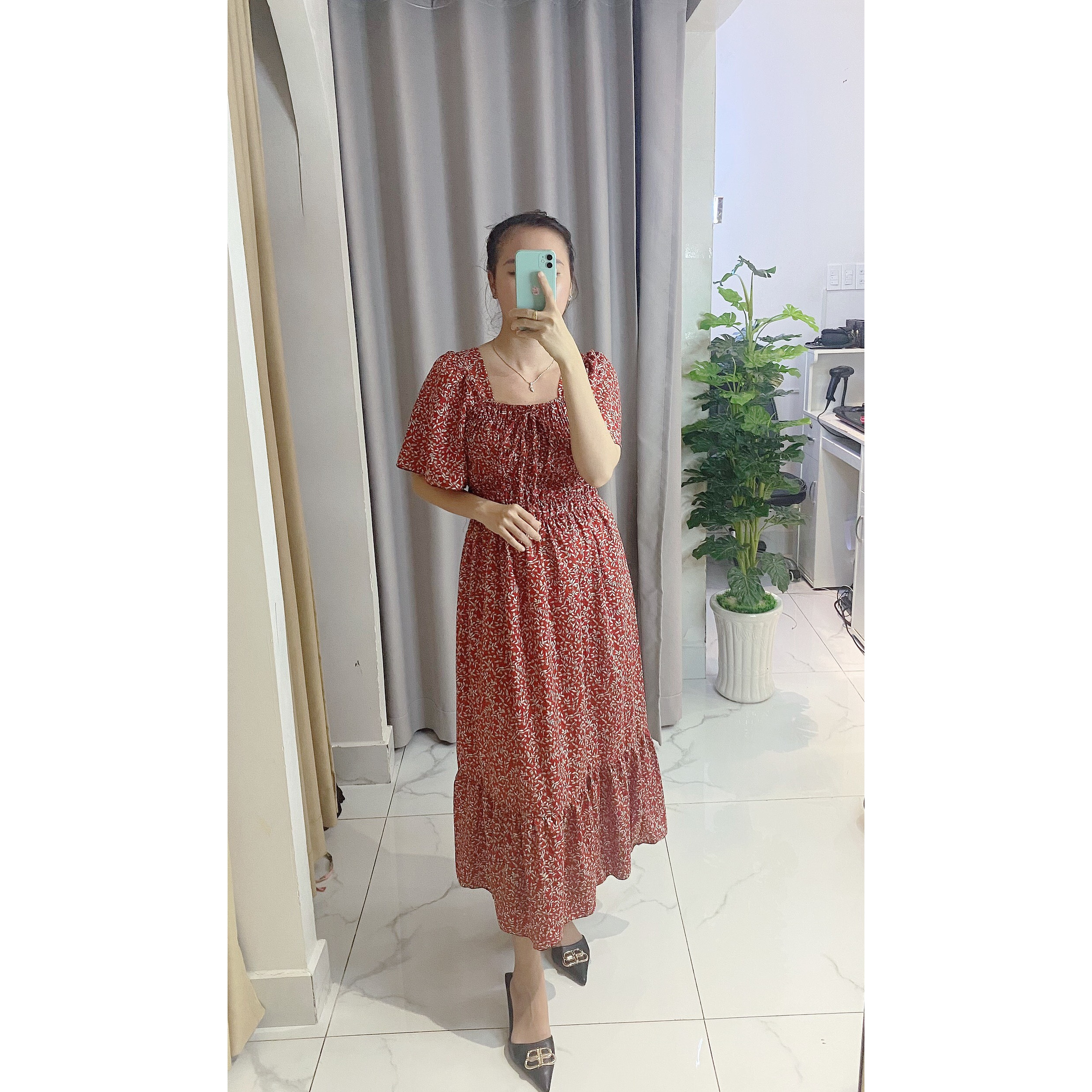 Váy nữ thời trang tiểu thư tiệc cưới, váy maxi hoa cổ vuông cánh tiên chất lụa bao mát,không nhăn V012