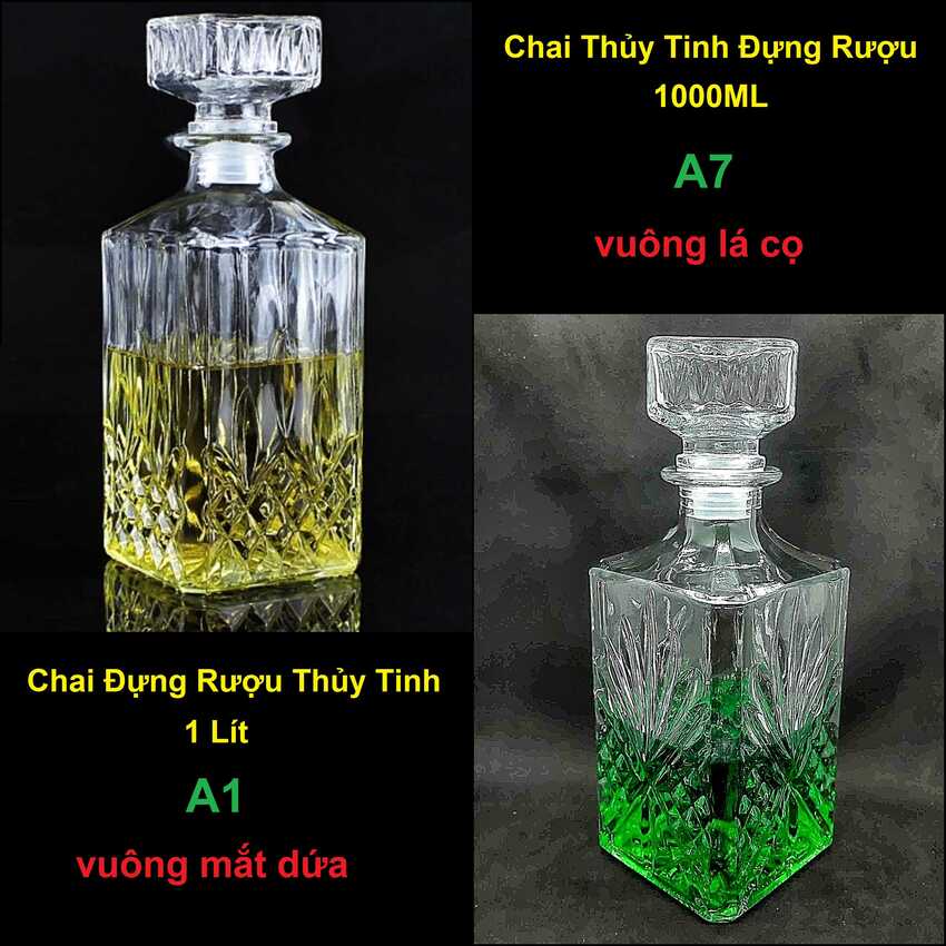 Combo 2 Chai Thủy Tinh cao cấp 1000ML - Mẫu Vuông MẮT DỨA chân và LÁ CỌ Nổi - sang trọng để trưng bày, tiếp khách