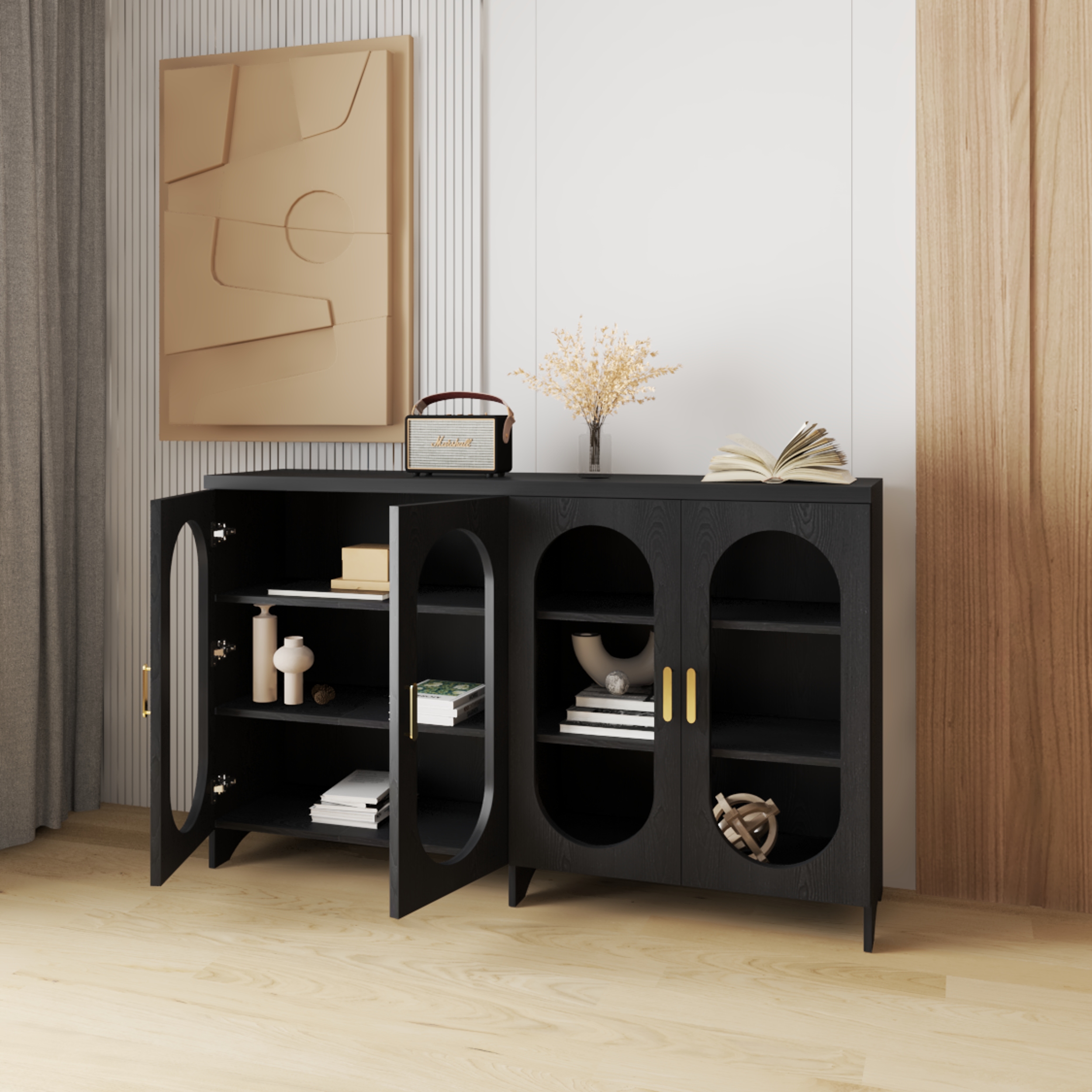 HAPPY FURNITURE , Tủ lưu trữ 4 cửa kính - CHEVY, TLT_048 , 160cm x 40cm x 98cm DxRxC