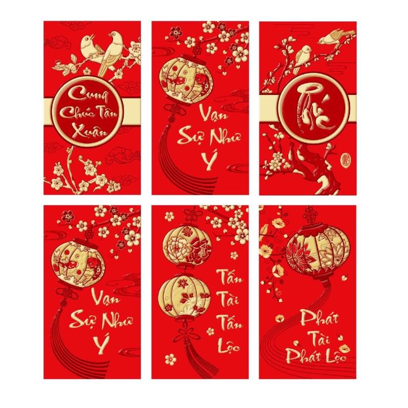 Set 6 phong bao lì xì tết đỏ thắm, chất đẹp, phong cách truyền thống