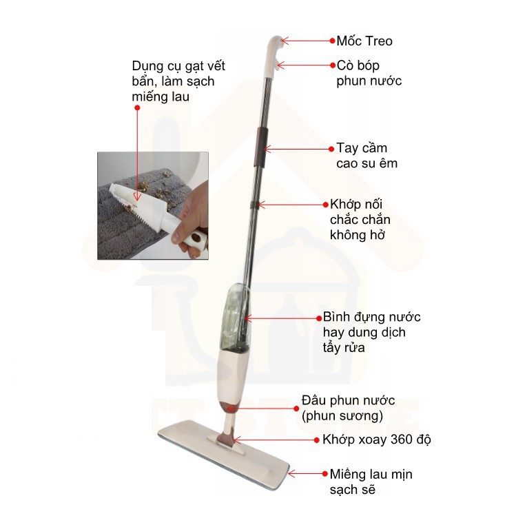 Chổi lau nhà kèm bình xịt nước tích hợp bình chứa nước lau sàn dạng xịt trên thân cây lau, bàn chổi xoay 360 độ dễ dàng làm sạch mọi ngóc ngách trong nhà, dễ tháo rời giặt sạch