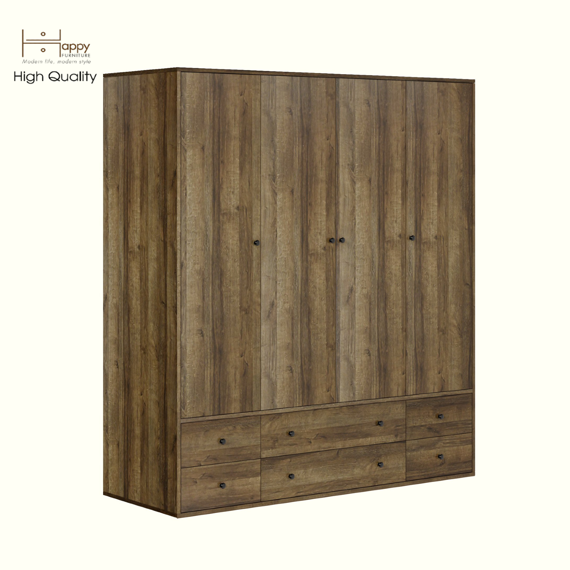 HAPPY FURNITURE , ZACY - Tủ quần áo 4 cửa mở 6 ngăn kéo, TCM_209 , 160cm x 59cm x 180cm DxRxC, Sản phẩm phổ thông
