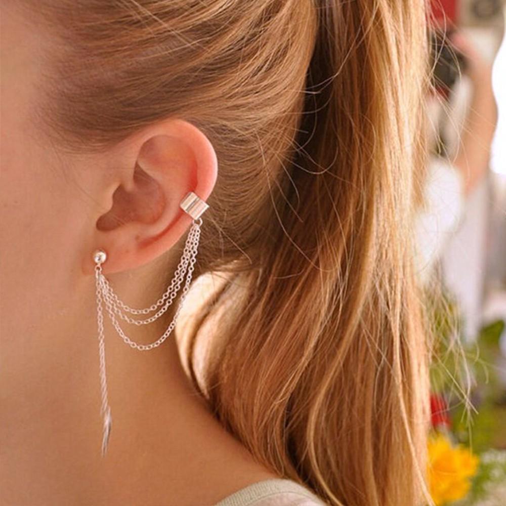 Bông tai tua rua sợi mắt xích đính hình lá