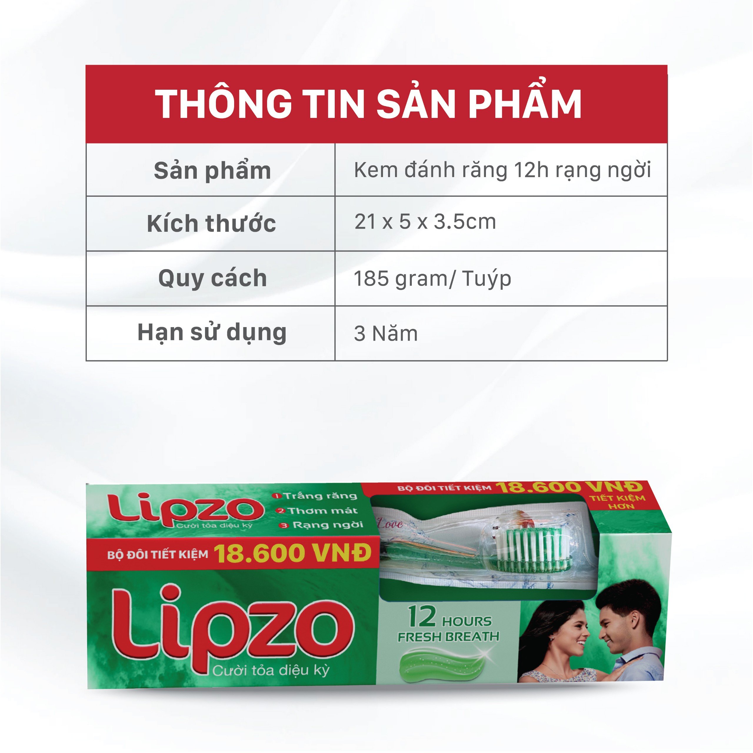 Bộ Đôi Kem Đánh Răng Lipzo 12 Giờ Rạng Ngời 185g Và Bàn Chải Đánh Răng Maxcare