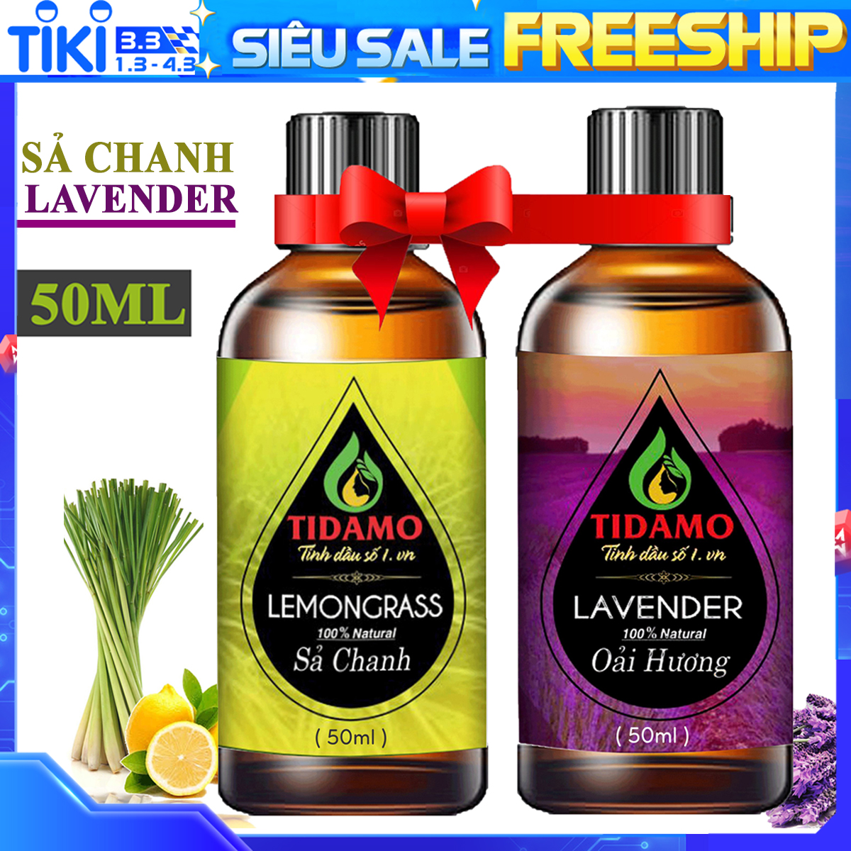 Combo 2 Tinh Dầu Sả Chanh 50ML (Lemongrass) + Tinh Dầu Oải Hương 50ML (Lavender) - Tinh Dầu TIDAMO Nguyên Chất Xông Phòng Giúp Thư Giãn, Thơm Phòng và Nâng Cao Sức Khỏe - Rất Tốt Khi Sử Dụng Với Máy Xông Tinh Dầu