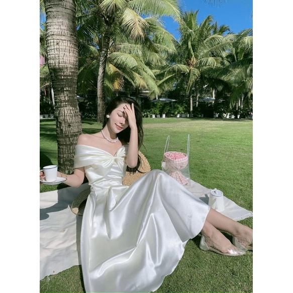 TTL đầm xòe midi trắng nơ ngực trễ vai tiểu thư dự tiệc váy cưới cô dâu có mút nhún xoắn ngực