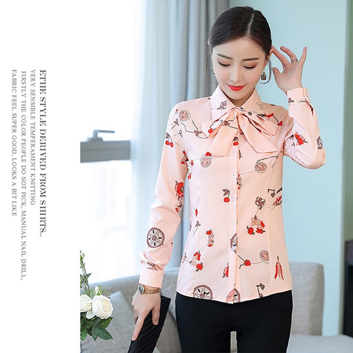 Áo Sơ Mi Nữ Công Sở Thắt Nơ Cổ Nữ Tính Hoạt Tiết Chấm Bi Và Cherry