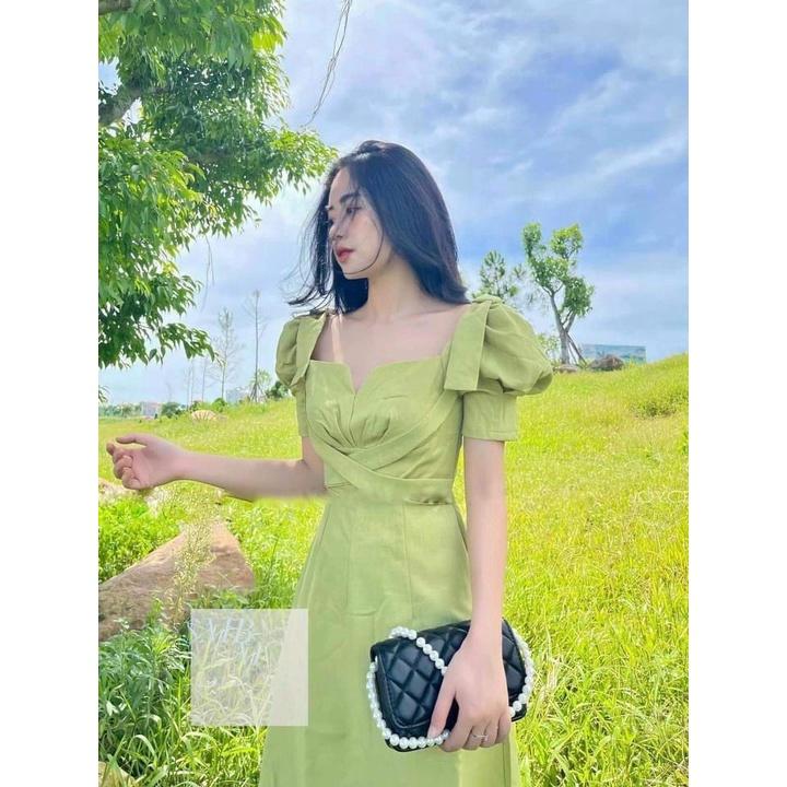 Váy Đầm xanh cốm dây đan chéo nơ vai