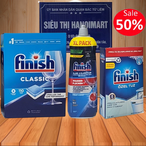 Combo rửa chén Finish: Nước Làm bóng 1150ml, Muối hộp 4kg, Hộp Classic 110 viên - Nhập khẩu Châu Âu.