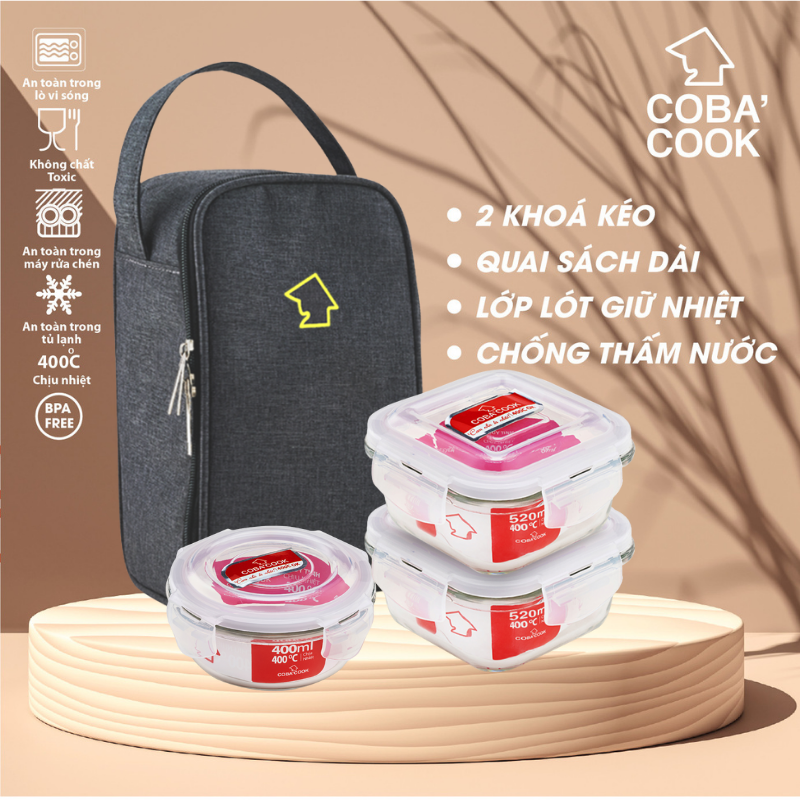 Bộ hộp cơm thủy tinh chịu nhiệt COBA'COCK 1 hộp tròn 400ml 2 hộp vuông 520ml và túi dài- CCR4S53BL