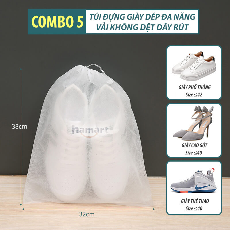 COMBO 5 Túi Đựng Giày Đa Năng Vải Không Dệt Có Dây Rút Du Lịch Bảo Quản Giày Dép Chống Bụi Bẩn Ố Vàng