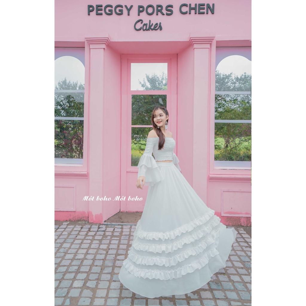 Áo voan trễ vai nhún ngực tay loe