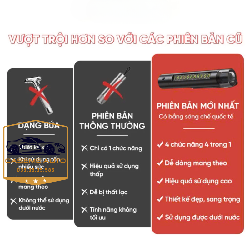 Búa thoát hiểm ô tô 4in1 – Phá kính, cắt dây an toàn, đèn pin LED, bảng số điện t hoại ẩn tiện lợi - Hàng Nhập Khẩu
