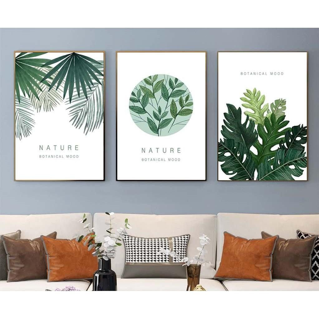 Bộ 3 Tranh KIM TUYẾN kèm khung gỗ Canvas Treo Tường Phòng khách/ngủ Tropical cây hoa hồng lá nhiệt đớ